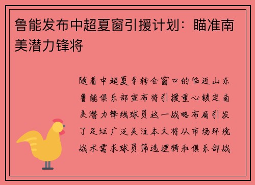 鲁能发布中超夏窗引援计划：瞄准南美潜力锋将